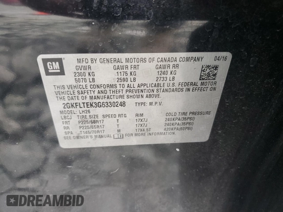 2016 GMC Terrain SLE with VIN 2GKFLTEK3G6330248, listed as a Copart auction lot 42965725 with 175,484 mi miles and Salvage Title. Bid and sale history available at carsss.com. Image 13.