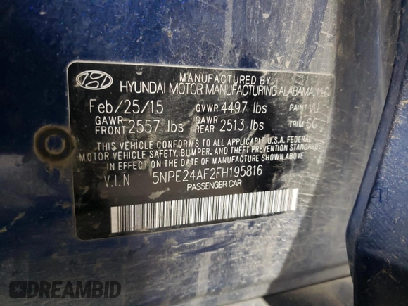 2015 Hyundai Sonata 2.4L SE with VIN 5NPE24AF2FH195816, listed as a Copart auction lot 89172935 with 205,417 mi miles and Salvage Title. Bid and sale history available at carsss.com. Image 12.