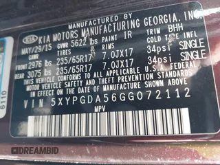 2016 Kia Sorento LX z VIN 5XYPGDA56GG072112, wystawiony jako IAAI lot #41939423 z przebiegiem 104 678 mil mil oraz . Historia ofert i sprzedaży dostępna na DreamBid. Obrazek 9.