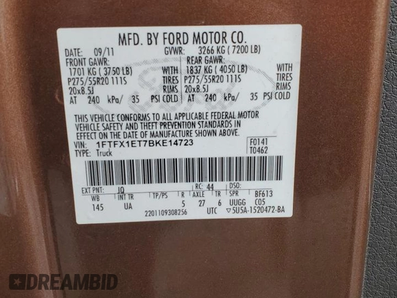 2011 Ford F-150 XL with VIN 1FTFX1ET7BKE14723, listed as a Copart auction lot 50583885 with 118,935 mi miles and Salvage Title. Bid and sale history available at DreamBid. Image 12.