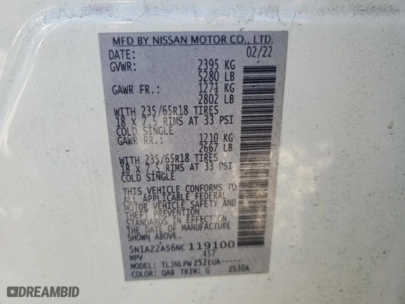 2022 Nissan Murano S with VIN 5N1AZ2AS6NC119100, listed as a Copart auction lot 86615944 with 61,319 mi miles and Salvage Title. Bid and sale history available at carsss.com. Image 13.