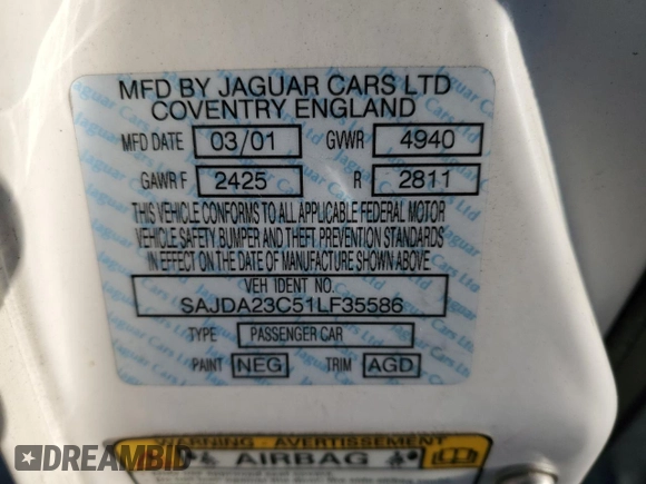 2001 Jaguar XJ with VIN SAJDA23C51LF35586, listed as a Copart auction lot 44105165 with 47,355 mi miles and Salvage title. Bid and sale history available at DreamBid. Image 12.