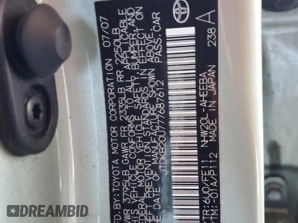 2007 Toyota Prius with VIN JTDKB20U777687612, listed as a Copart auction lot 61601465 with 231,828 mi miles and Salvage title. Bid and sale history available at DreamBid. Image 12.