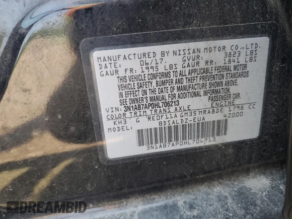 2017 Nissan Sentra SV with VIN 3N1AB7AP0HL706213, listed as a Copart auction lot 60421355 with 103,331 mi miles and Salvage title. Bid and sale history available at DreamBid. Image 12.