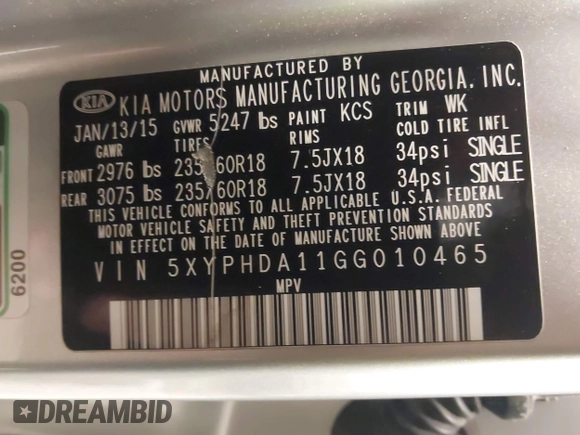 2016 Kia Sorento EX with VIN 5XYPHDA11GG010465, listed as a IAAI auction lot 41591322 with 73,814 mi miles and . Bid and sale history available at DreamBid. Image 9.