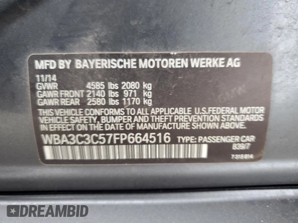 2015 BMW 3 Series 320i xDrive with VIN WBA3C3C57FP664516, listed as a Copart auction lot 50947495 with 46,686 mi miles and Salvage Title. Bid and sale history available at carsss.com. Image 12.