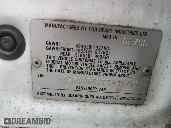 1996 Subaru Legacy Outback with VIN 4S3BG6850T7971454, listed as a Copart auction lot 52082395 with 173,542 mi miles and Salvage title. Bid and sale history available at DreamBid. Image 12.