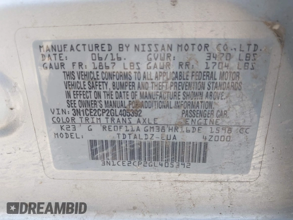 2016 Nissan Note S with VIN 3N1CE2CP2GL405392, listed as a IAAI auction lot 42484125 with Not provided miles and . Bid and sale history available at DreamBid. Image 9.