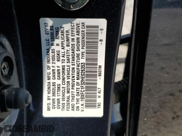 2017 Honda Civic Sedan EX-T with VIN 19XFC1F32HE026353, listed as a Copart auction lot 67350684 with 0 mi miles and Salvage Title. Bid and sale history available at carsss.com. Image 12.