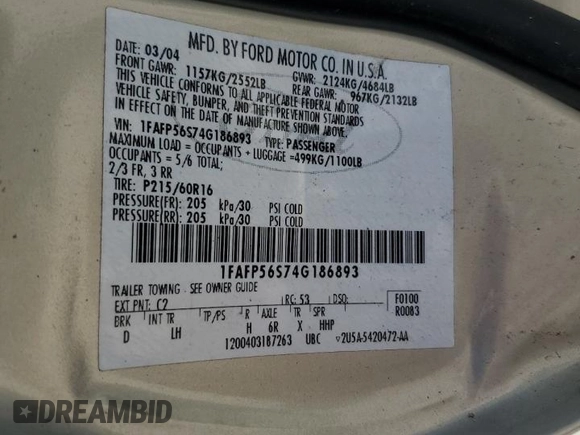 2004 Ford Taurus SEL with VIN 1FAFP56S74G186893, listed as a Copart auction lot 75484514 with 74,229 mi miles and Salvage Title. Bid and sale history available at DreamBid. Image 12.
