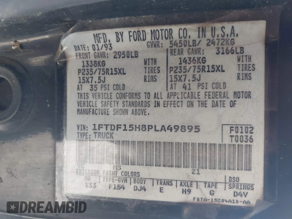 1993 Ford F-150 z VIN 1FTDF15H8PLA49895, wystawiony jako IAAI lot #42766515 z przebiegiem Nie podano mil oraz . Historia ofert i sprzedaży dostępna na DreamBid. Obrazek 9.