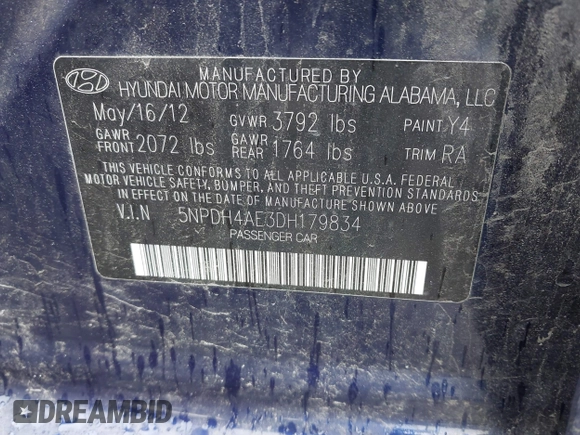 2013 Hyundai Elantra GLS with VIN 5NPDH4AE3DH179834, listed as a IAAI auction lot 42411000 with 113,198 mi miles and . Bid and sale history available at DreamBid. Image 9.
