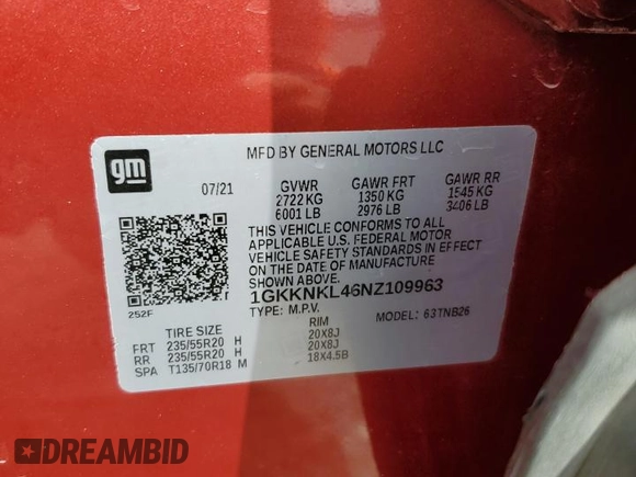2022 GMC Acadia SLE z VIN 1GKKNKL46NZ109963, wystawiony jako Copart lot #52094225 z przebiegiem 55 579 mil mil oraz Szkoda całkowita • Salvage title. Historia ofert i sprzedaży dostępna na DreamBid. Obrazek 14.