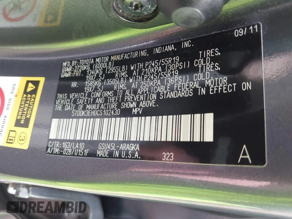 2012 Toyota Highlander Limited with VIN 5TDDK3EH0CS102430, listed as a IAAI auction lot 42321997 with 205,611 mi miles and . Bid and sale history available at DreamBid. Image 9.
