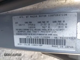 2012 Mazda Mazda3 i Sport with VIN JM1BL1UG8C1520099, listed as a IAAI auction lot 42070121 with 160,180 mi miles. Bid and sale history available at carsss.com. Image 9.