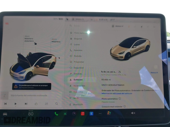 2020 Tesla Model 3 Standard Range Plus with VIN 5YJ3E1EA6LF799620, listed as a IAAI auction lot 42221643 with 55,458 mi miles and . Bid and sale history available at carsss.com. Image 7.