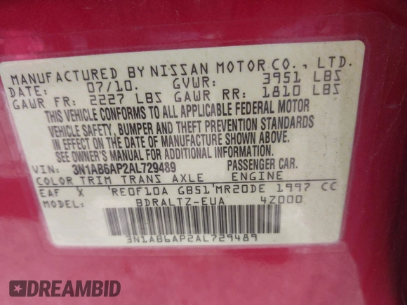 2010 Nissan Sentra S with VIN 3N1AB6AP2AL729489, listed as a IAAI auction lot 42586519 with 114,611 mi miles and . Bid and sale history available at DreamBid. Image 9.