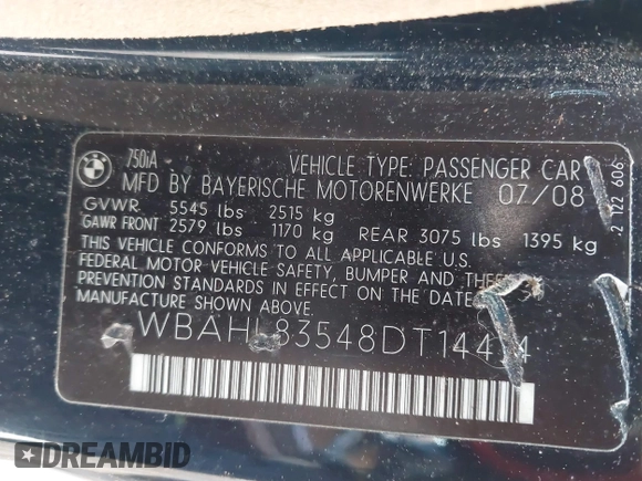 2008 BMW 7 Series 750i with VIN WBAHL83548DT14414, listed as a IAAI auction lot 41385596 with 153,303 mi miles and . Bid and sale history available at DreamBid. Image 9.