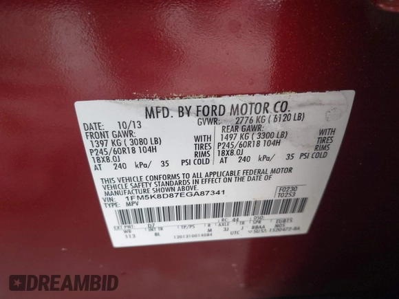 2014 Ford Explorer XLT with VIN 1FM5K8D87EGA87341, listed as a IAAI auction lot 42038883 with 134,029 mi miles and . Bid and sale history available at carsss.com. Image 9.