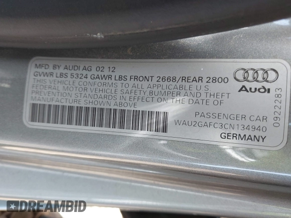 2012 Audi A7 Prestige with VIN WAU2GAFC3CN134940, listed as a IAAI auction lot 42649389 with 163,450 mi miles and . Bid and sale history available at DreamBid. Image 9.