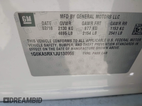 2018 Cadillac CT6 RWD with VIN 1G6KA5RX1JU130966, listed as a IAAI auction lot 41988848 with 50,453 mi miles and . Bid and sale history available at DreamBid. Image 9.