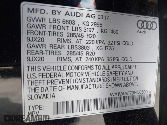2017 Audi Q7 Prestige z VIN WA1VAAF70HD050053, wystawiony jako IAAI lot #41614112 z przebiegiem 73 892 mil mil oraz . Historia ofert i sprzedaży dostępna na DreamBid. Obrazek 9.