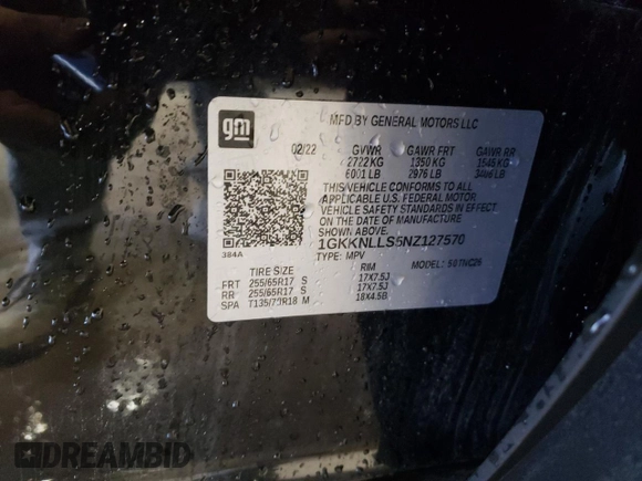 2022 GMC Acadia AT4 with VIN 1GKKNLLS5NZ127570, listed as a Copart auction lot 48191475 with 65,519 mi miles and Salvage title. Bid and sale history available at DreamBid. Image 15.