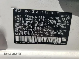 2023 Honda HR-V LX with VIN 3CZRZ2H35PM720497, listed as a Copart auction lot 52847155 with 22,159 mi miles and Salvage title. Bid and sale history available at DreamBid. Image 13.