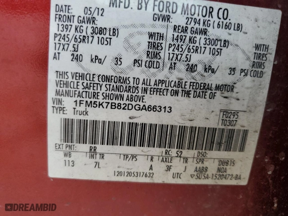 2013 Ford Explorer with VIN 1FM5K7B82DGA66313, listed as a Copart auction lot 50227125 with 237,112 mi miles and Salvage Title. Bid and sale history available at carsss.com. Image 13.