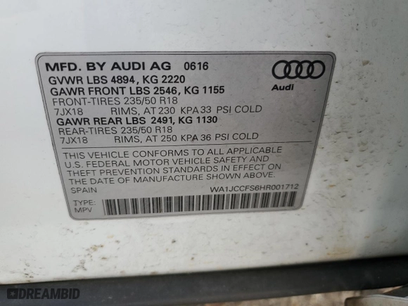 2017 Audi Q3 Premium Plus with VIN WA1JCCFS6HR001712, listed as a Copart auction lot 49235865 with 17,383 mi miles and Salvage Title. Bid and sale history available at carsss.com. Image 13.