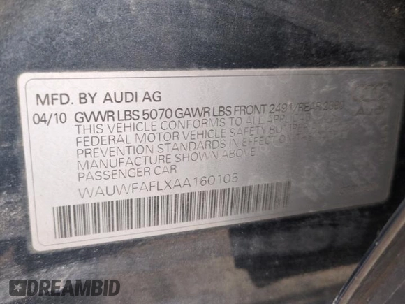 2010 Audi A4 2.0T Premium Plus with VIN WAUWFAFLXAA160105, listed as a Copart auction lot 45785875 with 0 mi miles and Salvage Title. Bid and sale history available at carsss.com. Image 12.