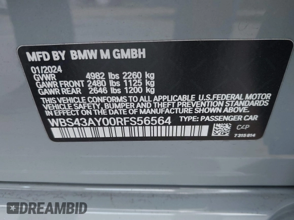 2024 BMW M3 Competition xDrive with VIN WBS43AY00RFS56564, listed as a IAAI auction lot 41222485 with 7,477 mi miles and . Bid and sale history available at DreamBid. Image 9.