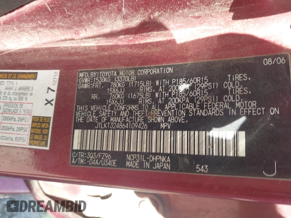 2006 Scion xB with VIN JTLKT324864109426, listed as a IAAI auction lot 42695327 with 282,563 mi miles and . Bid and sale history available at DreamBid. Image 9.