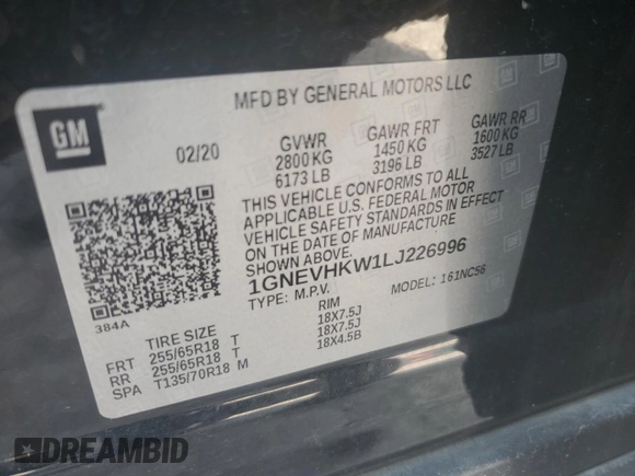 2020 Chevrolet Traverse LT Leather with VIN 1GNEVHKW1LJ226996, listed as a Copart auction lot 73079534 with 63,927 mi miles and Salvage Title. Bid and sale history available at carsss.com. Image 13.