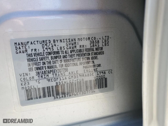 2014 Nissan Sentra SV with VIN 3N1AB7AP6EY307756, listed as a Copart auction lot 44066695 with 44,098 mi miles and Clean Title. Bid and sale history available at carsss.com. Image 12.