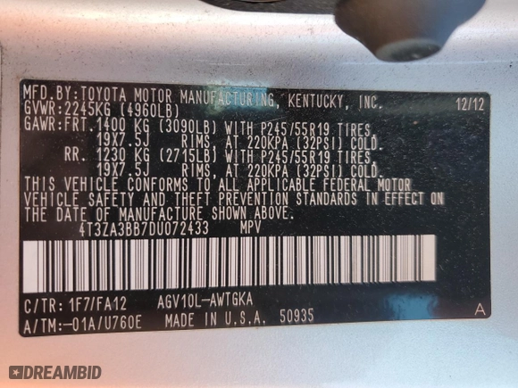 2013 Toyota Venza LE with VIN 4T3ZA3BB7DU072433, listed as a Copart auction lot 51617365 with 120,221 mi miles and Salvage Title. Bid and sale history available at carsss.com. Image 13.