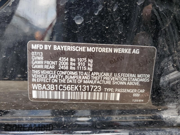 2014 BMW 3 Series 320i with VIN WBA3B1C56EK131723, listed as a Copart auction lot 54686025 with 95,105 mi miles and Salvage title. Bid and sale history available at DreamBid. Image 12.