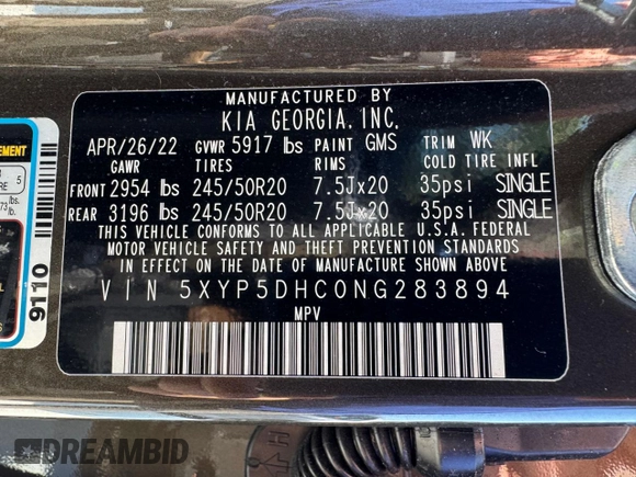 2022 Kia Telluride SX z VIN 5XYP5DHC0NG283894, wystawiony jako Copart lot #57398195 z przebiegiem 8 098 mil mil oraz Szkoda całkowita • Salvage title. Historia ofert i sprzedaży dostępna na DreamBid. Obrazek 10.