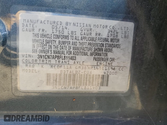 2015 Nissan Versa SV с VIN 3N1CN7AP8FL811403, выставлен на аукционе Copart как лот 61862205 с пробегом 113 703 миль миль и Списание • Salvage title. История ставок и продаж доступна на DreamBid. Изображение 13.