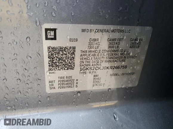 2019 GMC Yukon Denali with VIN 1GKS2CKJ0KR266759, listed as a Copart auction lot 81079354 with 0 mi miles and Salvage Title. Bid and sale history available at carsss.com. Image 14.