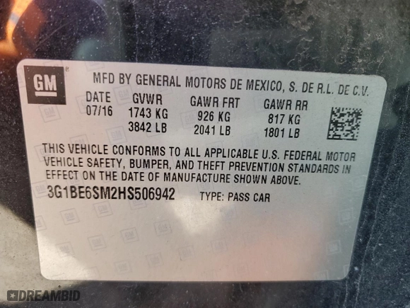 2017 Chevrolet Cruze LT with VIN 3G1BE6SM2HS506942, listed as a Copart auction lot 45208445 with 0 mi miles and Salvage Title. Bid and sale history available at carsss.com. Image 14.