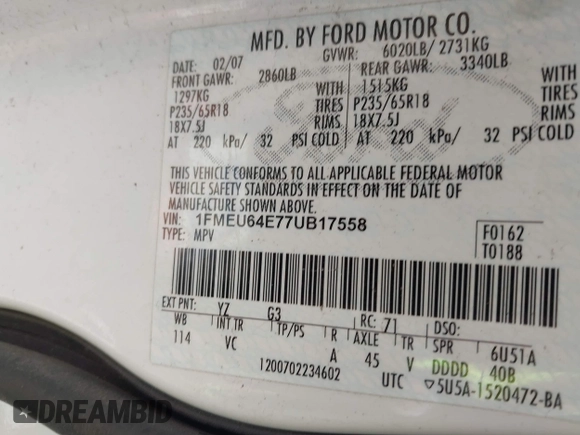 2007 Ford Explorer Eddie Bauer z VIN 1FMEU64E77UB17558, wystawiony jako IAAI lot #41915748 z przebiegiem Nie podano mil oraz . Historia ofert i sprzedaży dostępna na DreamBid. Obrazek 9.