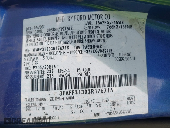 2003 Ford Focus ZX3 с VIN 3FAFP31303R176718, выставлен на аукционе IAAI как лот 40073034 с пробегом 148 927 миль миль и . История ставок и продаж доступна на DreamBid. Изображение 9.