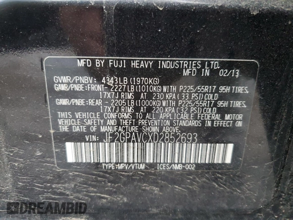 2013 Subaru Crosstrek Premium with VIN JF2GPAVCXD2852693, listed as a Copart auction lot 49592455 with 46,513 mi miles and Salvage title. Bid and sale history available at DreamBid. Image 15.
