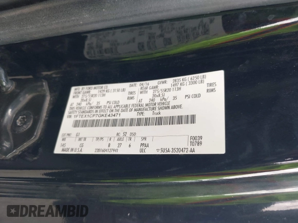 2016 Ford F-150 XL with VIN 1FTEX1CP7GKE43471, listed as a IAAI auction lot 41453693 with 174,317 mi miles and . Bid and sale history available at carsss.com. Image 9.