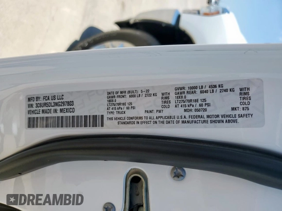 2022 Ram 2500 Big Horn with VIN 3C6UR5DL3NG297803, listed as a Copart auction lot 61295805 with 52,562 mi miles and Salvage title. Bid and sale history available at DreamBid. Image 13.
