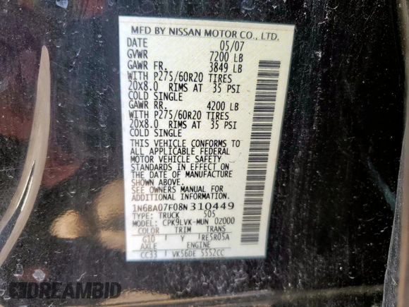 2008 Nissan Titan with VIN 1N6BA07F08N310449, listed as a Copart auction lot 58926115 with 323,607 mi miles and Salvage title. Bid and sale history available at DreamBid. Image 12.