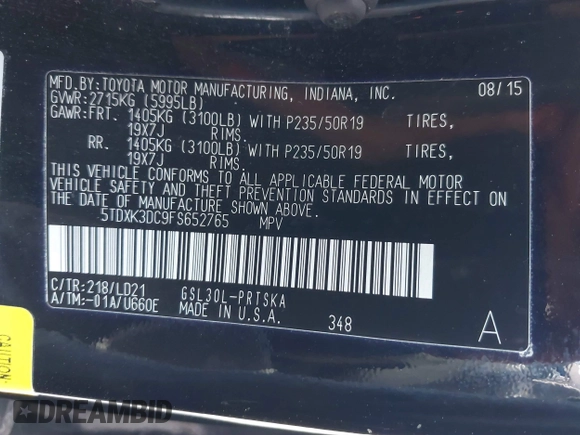 2015 Toyota Sienna SE with VIN 5TDXK3DC9FS652765, listed as a IAAI auction lot 41723922 with 105,679 mi miles. Bid and sale history available at carsss.com. Image 9.