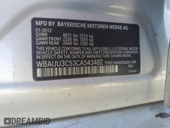 2012 BMW 3 Series 328i xDrive with VIN WBAUU3C53CA543482, listed as a Copart auction lot 77783264 with 68,931 mi miles and Salvage Title. Bid and sale history available at DreamBid. Image 12.