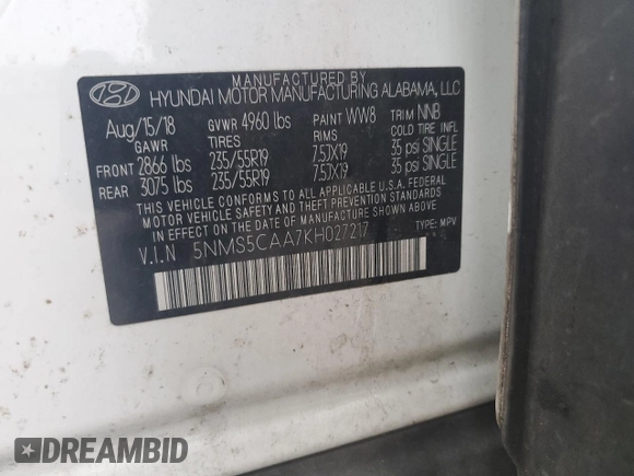 2019 Hyundai Santa Fe Limited z VIN 5NMS5CAA7KH027217, wystawiony jako Copart lot #80424754 z przebiegiem 86 370 mil mil oraz Szkoda całkowita • Salvage title. Historia ofert i sprzedaży dostępna na DreamBid. Obrazek 15.